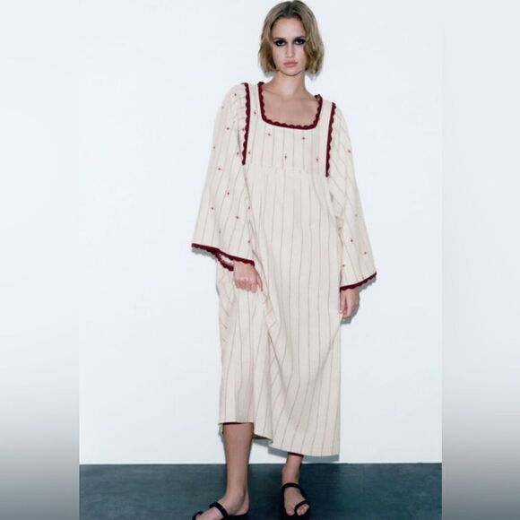 Zara Striped Linen Blend Dress With Knit Trim - Picture 5 of 7